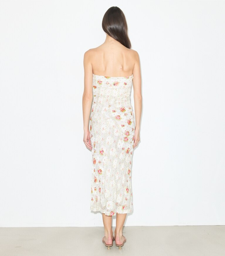 Tory Burch diseñador vestidos Vestido de jacquard de algodón sin breteles en Multi Floral parte posterior en modelo