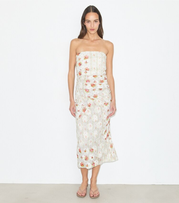 Tory Burch diseñador vestidos Vestido de jacquard de algodón sin breteles en Multi Floral frente en modelo