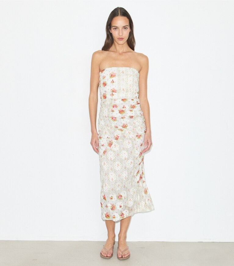 Tory Burch diseñador vestidos Vestido de jacquard de algodón sin breteles en Multi Floral frente en modelo