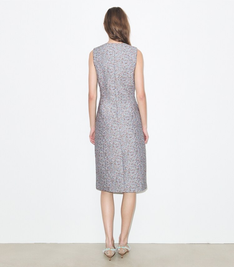 Tory Burch diseñador vestidos Vestido de jacquard en Blue Floral parte posterior en modelo