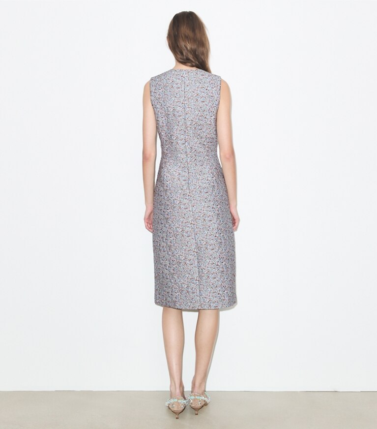 Tory Burch diseñador vestidos Vestido de jacquard en Blue Floral parte posterior en modelo