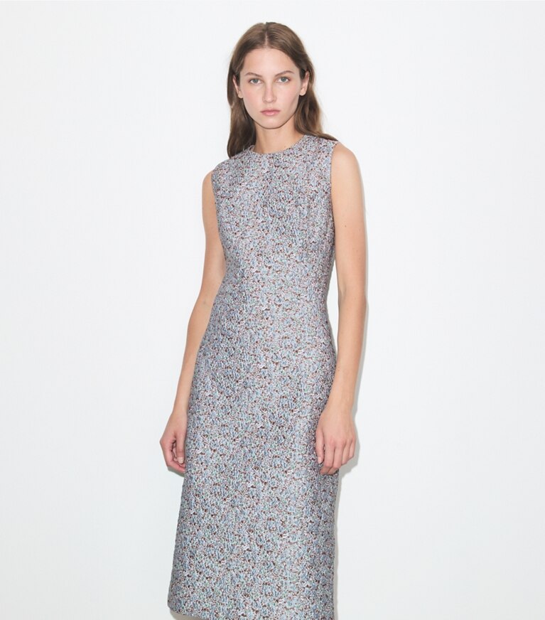 Tory Burch diseñador vestidos Vestido de jacquard en Blue Floral detalle en modelo
