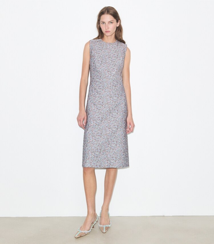 Tory Burch diseñador vestidos Vestido de jacquard en Blue Floral frente en modelo