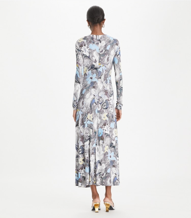 Tory Burch diseñador vestidos Vestido de jersey de viscosa estampado en Blue Abstract Floral parte posterior en modelo