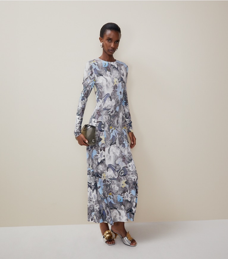 Tory Burch diseñador vestidos Vestido de jersey de viscosa estampado en Blue Abstract Floral estudio
