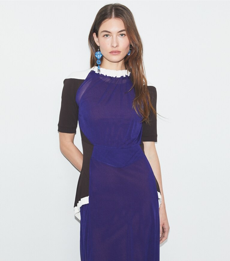 Tory Burch diseñador vestidos Vestido de jersey transparente con bloques de color en Ballpoint Blue detalle en modelo
