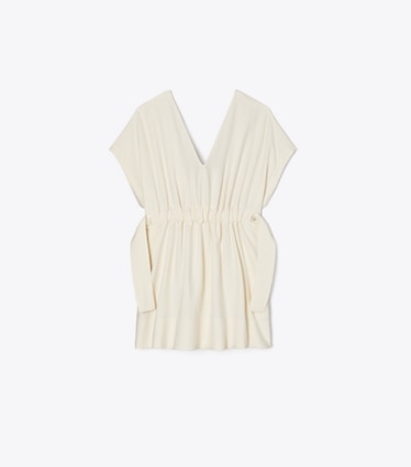 Tory Burch diseñador ropa de playa Vestido de lino con cinturón en Ivory frente