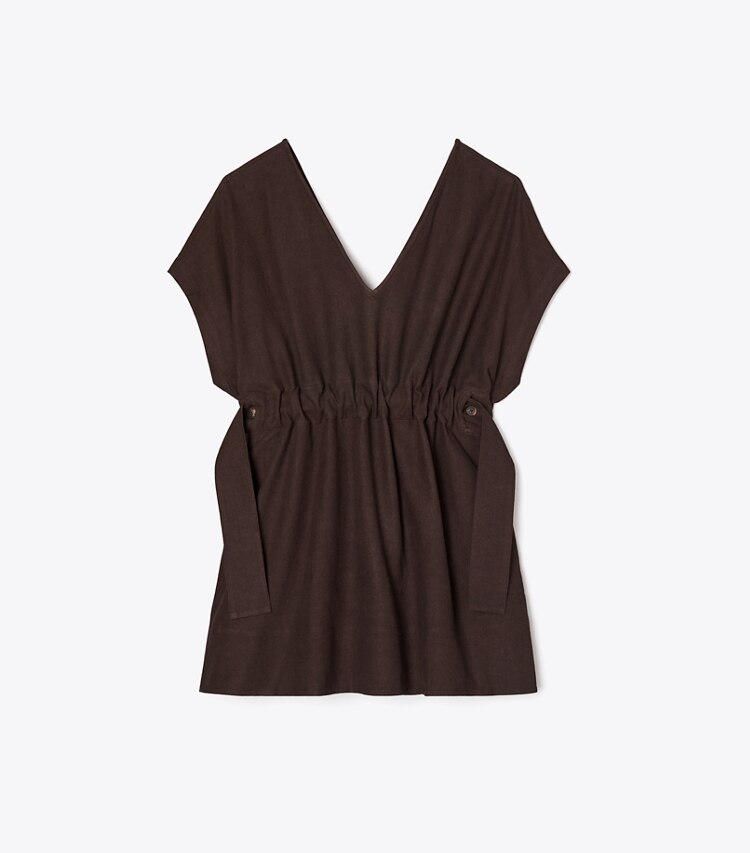 Tory Burch diseñador ropa de playa Vestido de lino con cinturón en Dark Brown frente