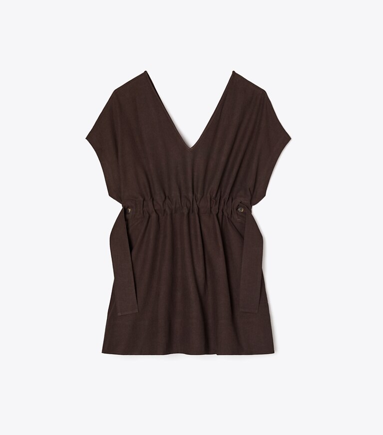 Tory Burch diseñador ropa de playa Vestido de lino con cinturón en Dark Brown frente