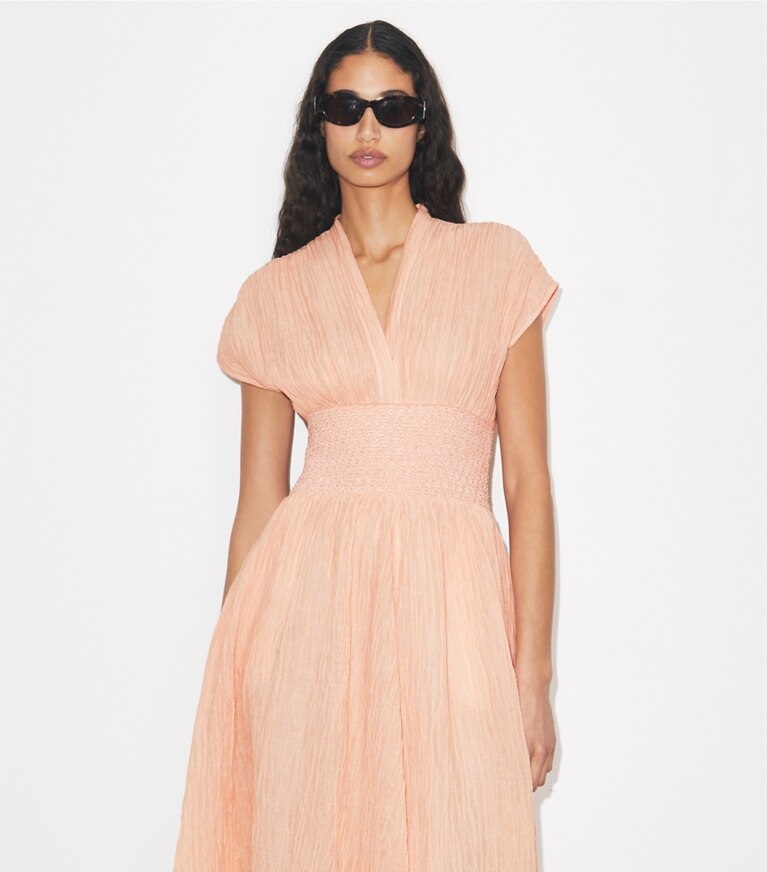 Tory Burch diseñador vestidos Vestido de lino con cuello en V en Melon detalle en modelo