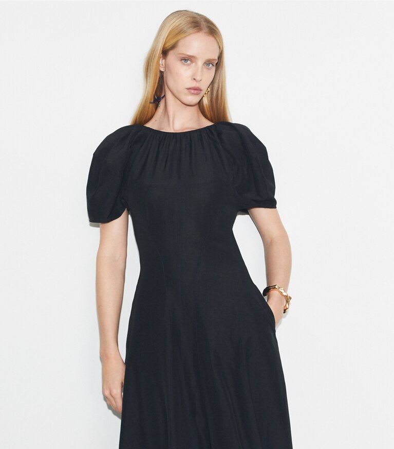 Tory Burch diseñador vestidos Vestido de lino con mangas globo en Black detalle en modelo