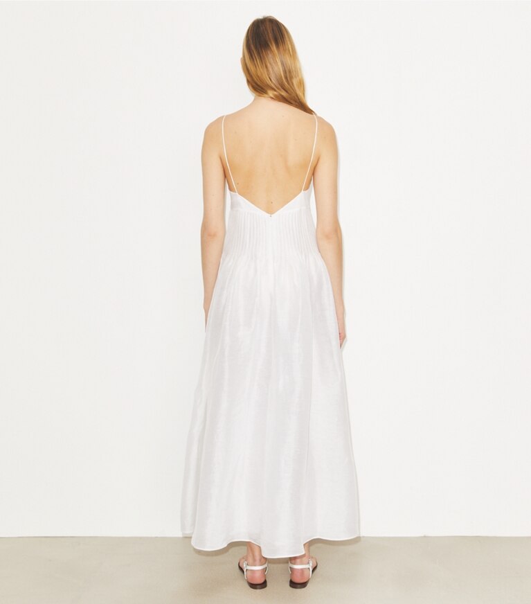 Tory Burch diseñador vestidos Vestido de lino en White parte posterior en modelo