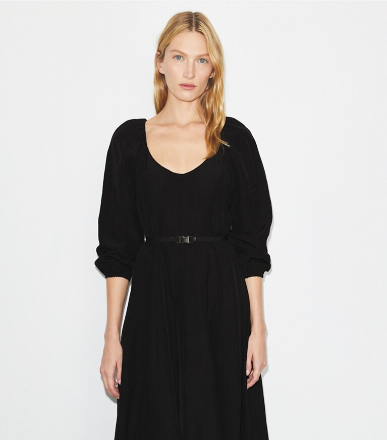 Tory Burch diseñador vestidos Vestido de lino en Black detalle en modelo