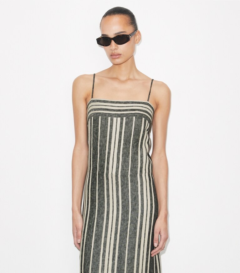 Tory Burch diseñador vestidos Vestido de lino sin espalda en Black / Ivory detalle en modelo