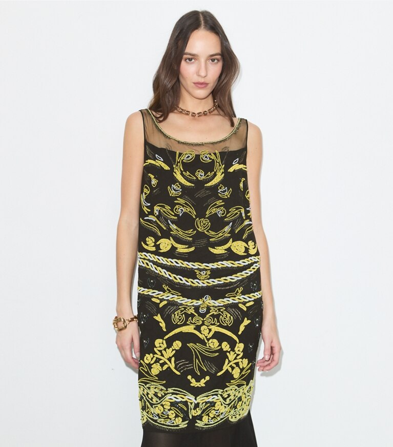 Tory Burch diseñador vestidos Vestido de malla con adornos en Coconut detalle en modelo