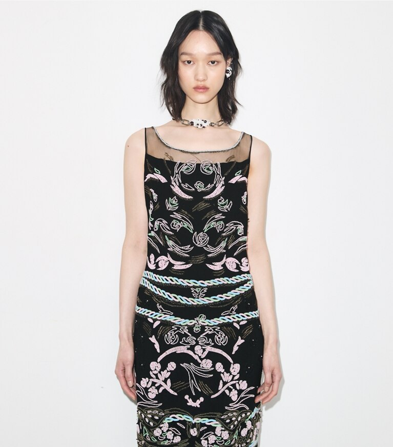 Tory Burch diseñador vestidos Vestido de malla con adornos en BLACK detalle en modelo