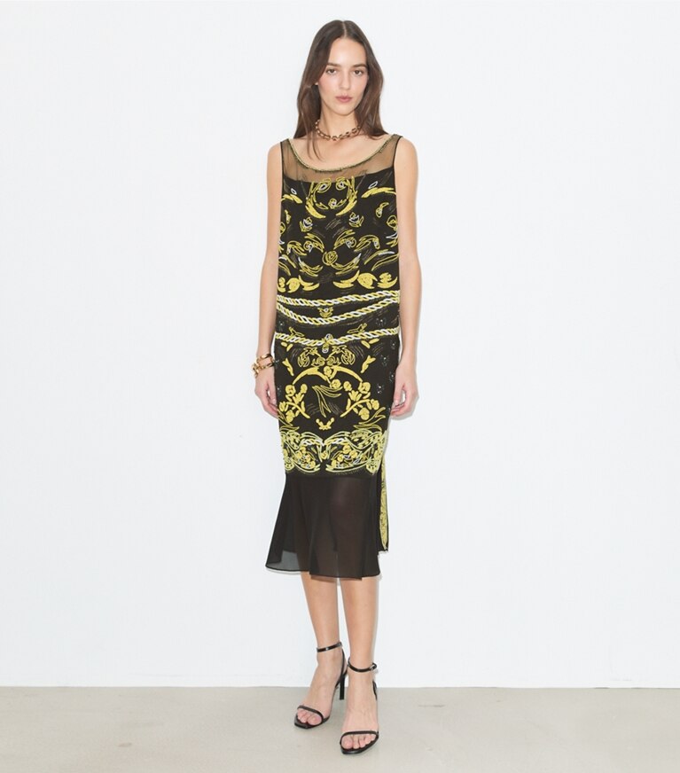 Tory Burch diseñador vestidos Vestido de malla con adornos en Coconut frente en modelo