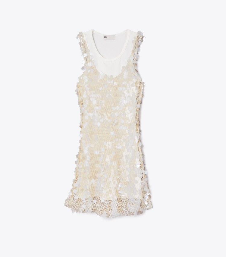 Tory Burch diseñador vestidos Vestido de malla con lentejuelas en Snow White / New Ivory frente