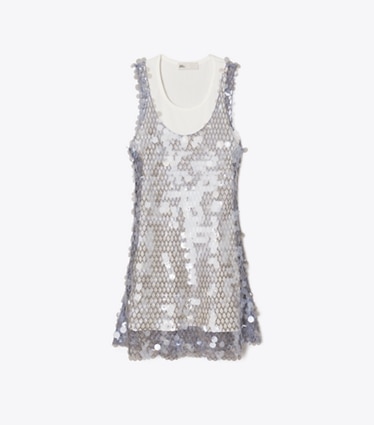 Tory Burch diseñador vestidos Vestido de malla con lentejuelas en Snow White / Washed Sky frente