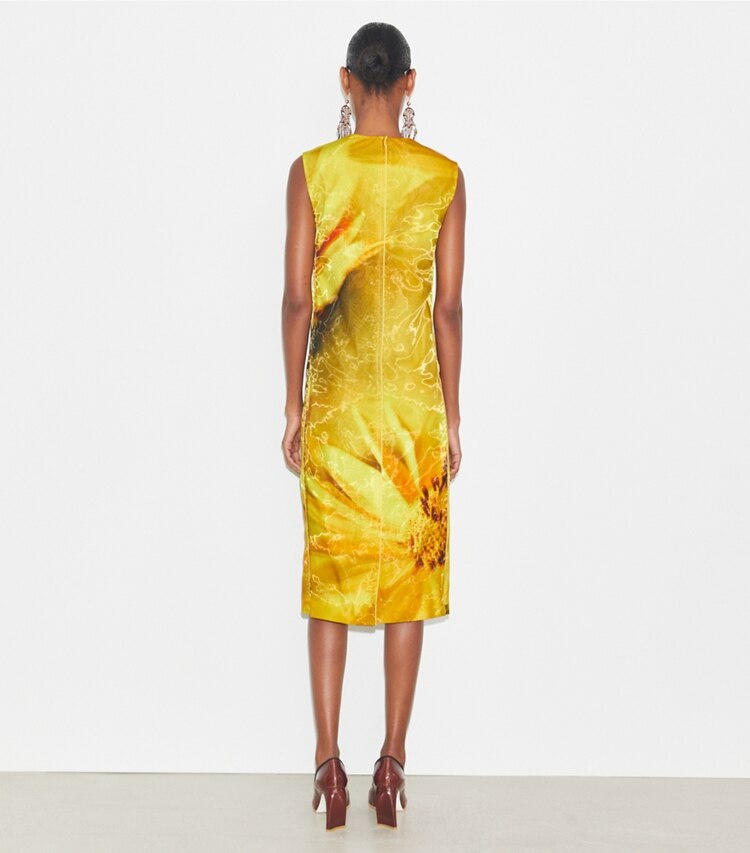Tory Burch diseñador vestidos Vestido de organza estampada en Yellow Bee parte posterior en modelo