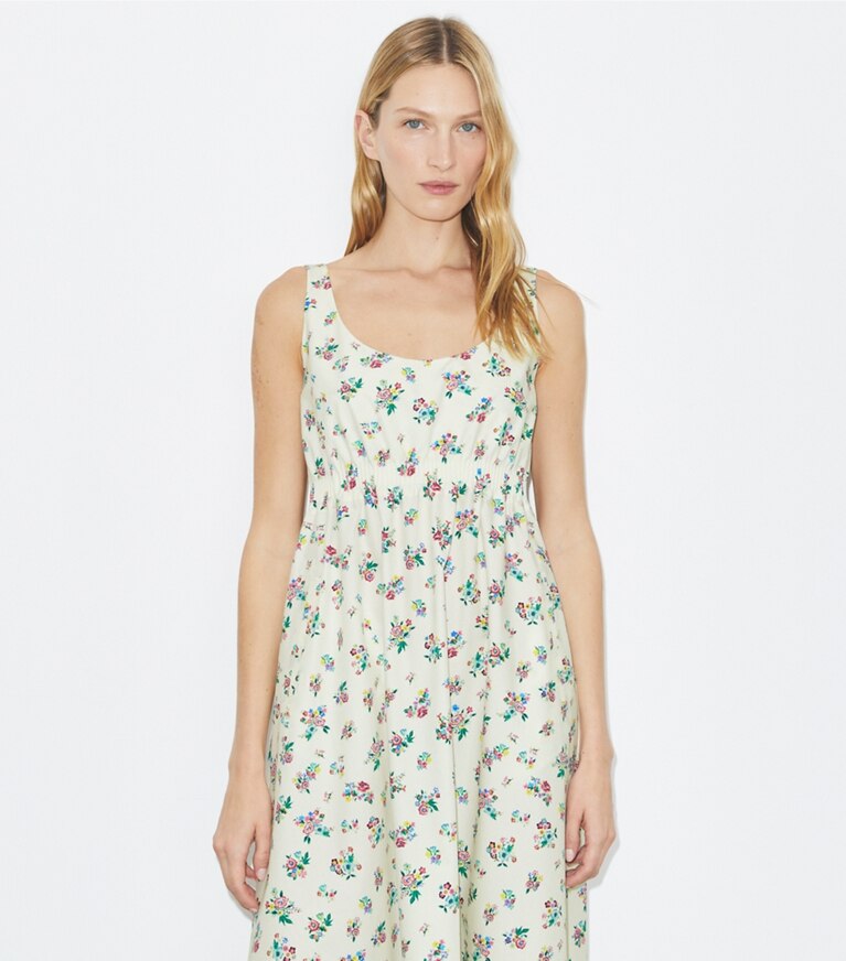 Tory Burch diseñador vestidos Vestido de popelina Bonded en Multi Ditsy Floral detalle en modelo