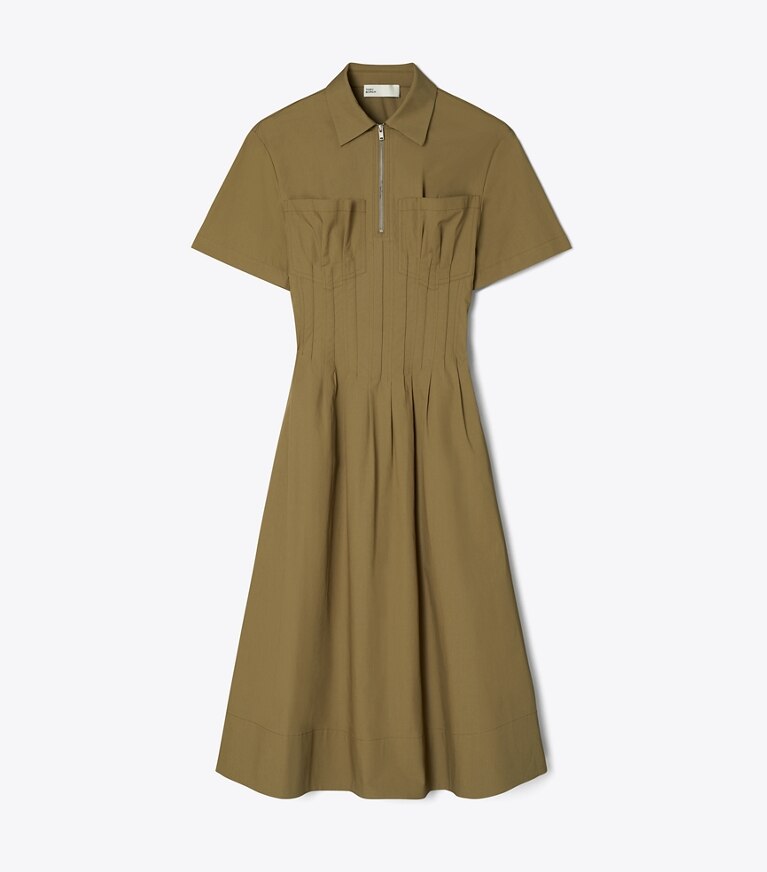 Tory Burch diseñador vestidos Vestido de popelina con plisado en la cintura en Olive frente