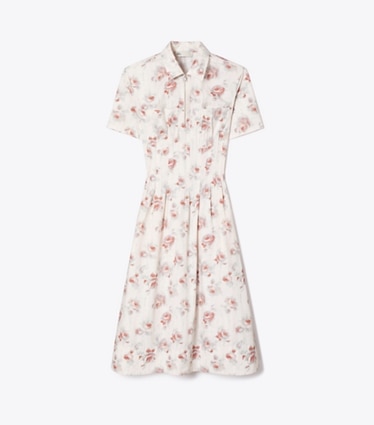 Tory Burch diseñador vestidos Vestido de popelina con plisado en la cintura en Pink Roses frente