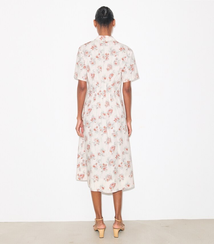 Tory Burch diseñador vestidos Vestido de popelina con plisado en la cintura en Pink Roses parte posterior en modelo