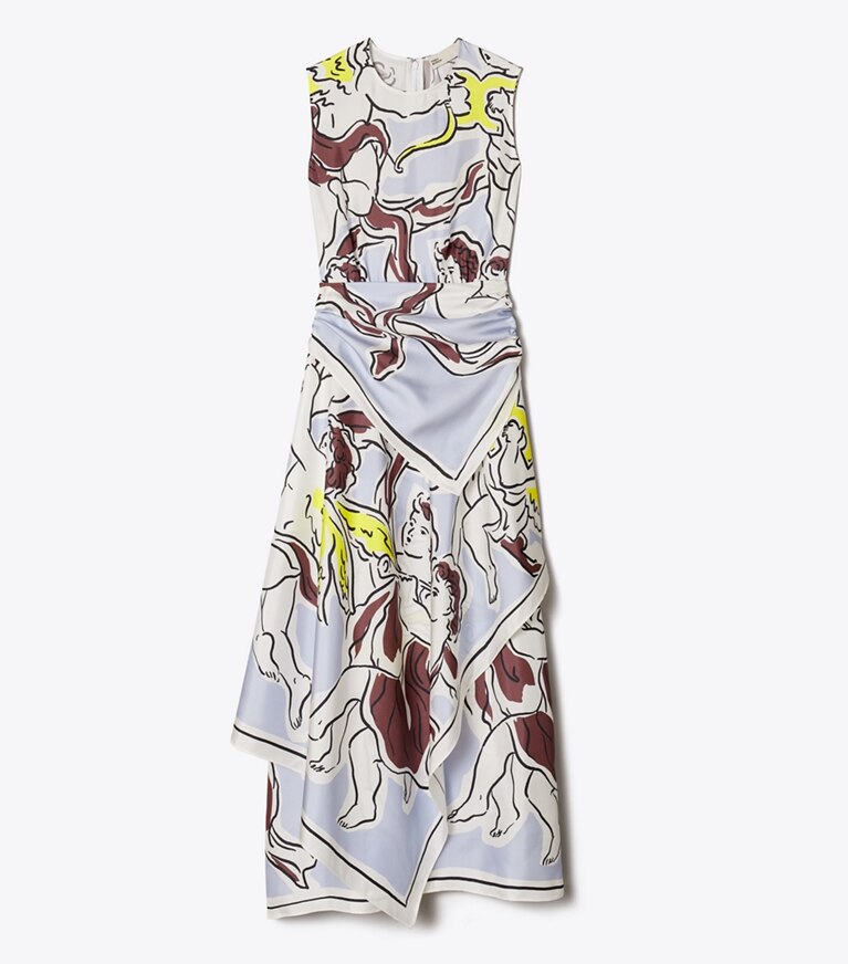 Tory Burch diseñador vestidos Vestido de seda estampado en Lilac Cherubs frente