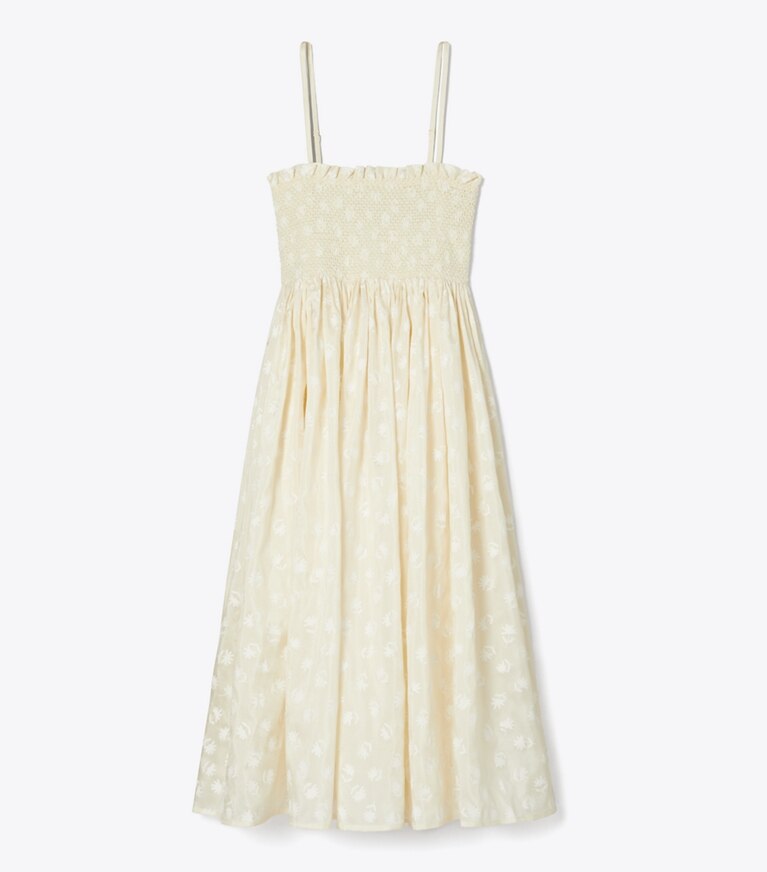 Tory Burch diseñador vestidos Vestido de seda fruncido sin breteles en Beige Scatter Daisy frente