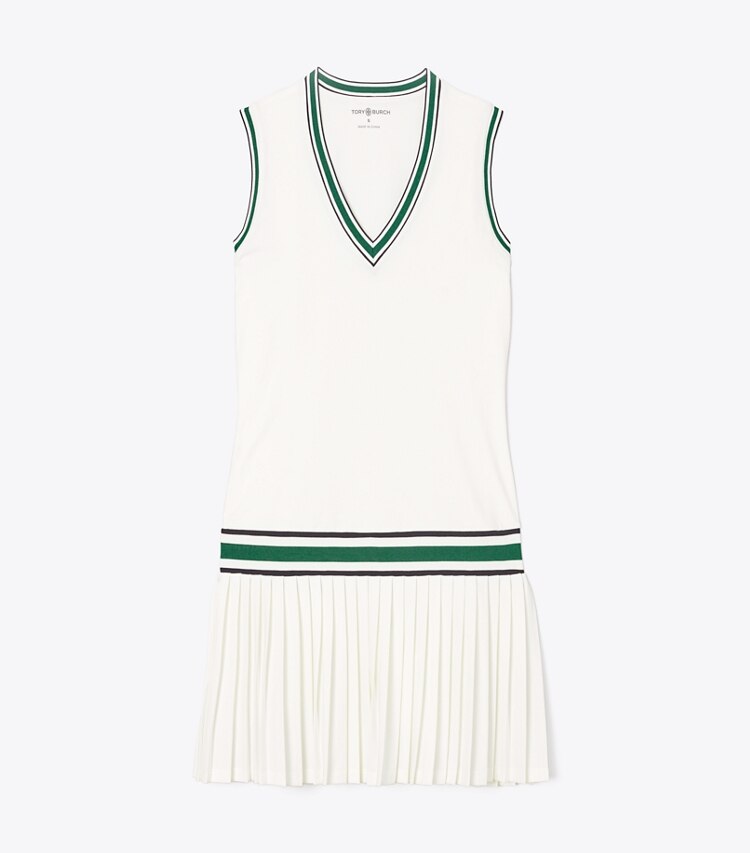 Tory Burch diseñador vestidos Vestido de tenis con cuello en V de jersey de alto rendimiento en Snow White / Evergreen frente