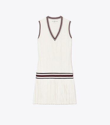 Tory Burch diseñador vestidos Vestido de tenis de jersey de alto rendimiento con cuello en pico en Snow White frontal