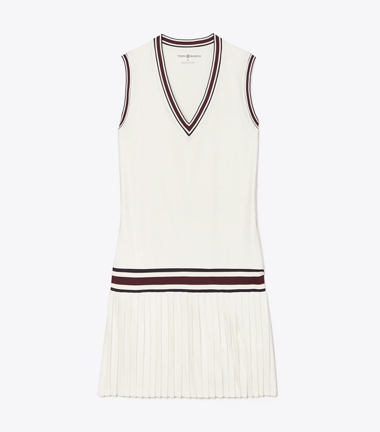 Tory Burch diseñador vestidos Vestido de tenis de jersey de alto rendimiento con cuello en pico en Snow White frontal