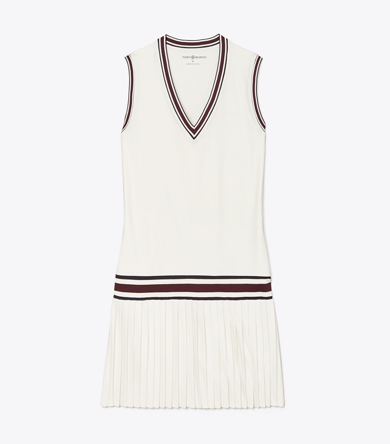 Tory Burch diseñador vestidos Vestido de tenis de jersey de alto rendimiento con cuello en pico en Snow White frontal