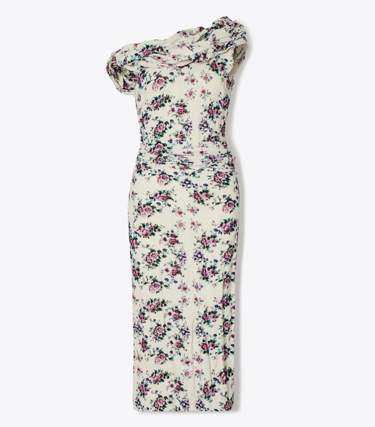 Tory Burch diseñador vestidos Vestido de terciopelo de algodón fruncido en Purple Floral frente
