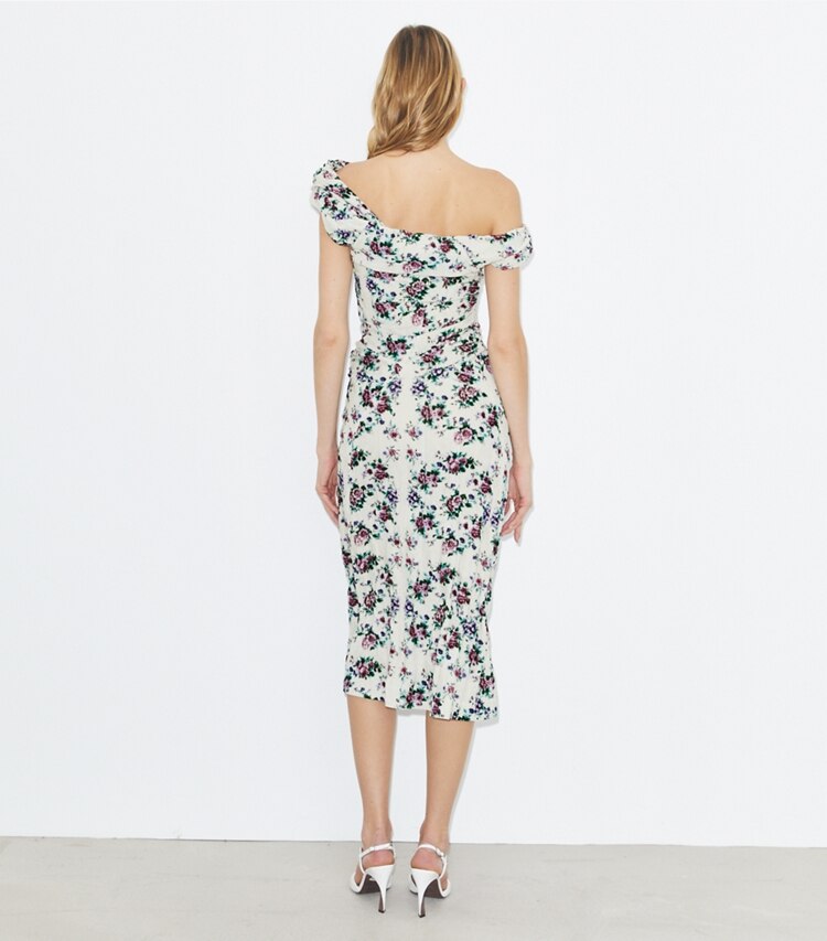 Tory Burch diseñador vestidos Vestido de terciopelo de algodón fruncido en Purple Floral parte posterior en modelo