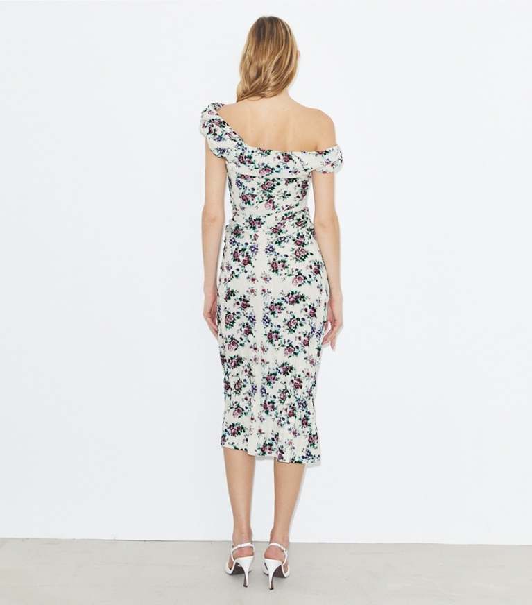 Tory Burch diseñador vestidos Vestido de terciopelo de algodón fruncido en Purple Floral parte posterior en modelo