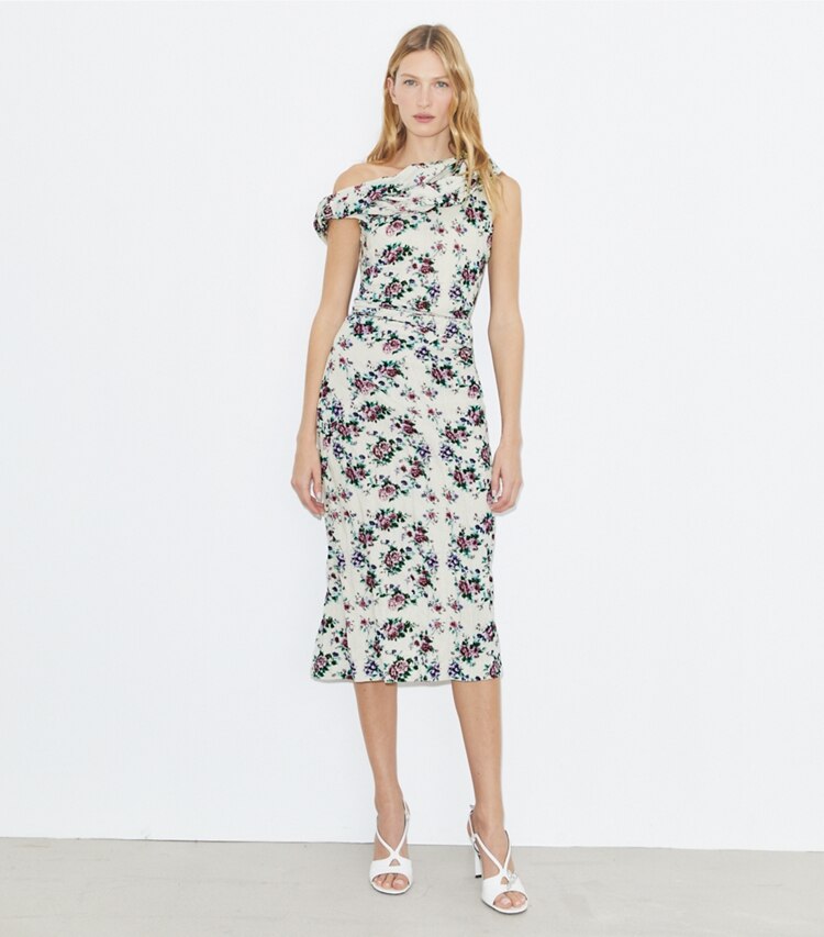 Tory Burch diseñador vestidos Vestido de terciopelo de algodón fruncido en Purple Floral frente en modelo