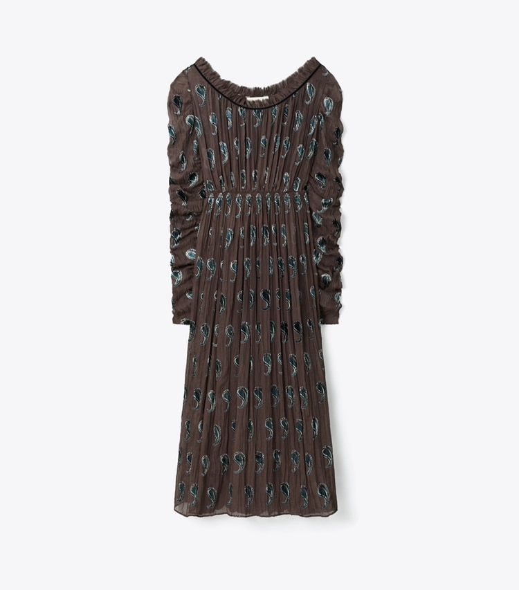 Tory Burch diseñador vestidos Vestido de terciopelo fruncido en Brown Paisley frente