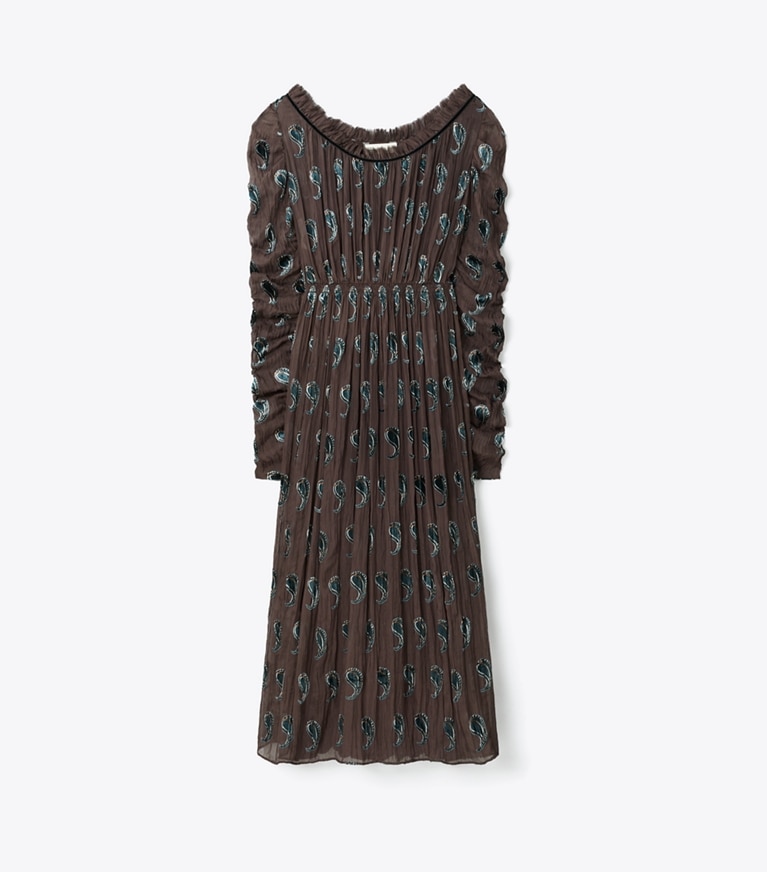 Tory Burch diseñador vestidos Vestido de terciopelo fruncido en Brown Paisley frente