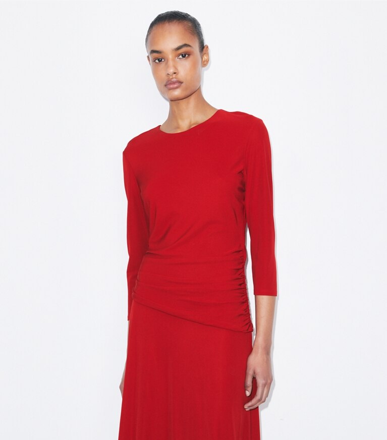 Tory Burch diseñador vestidos Vestido de viscosa acampanado en Toucan Red detalle en modelo