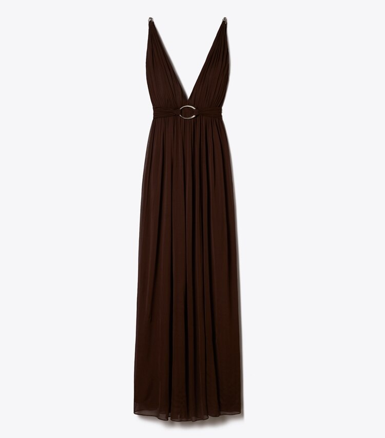 Tory Burch diseñador vestidos Vestido de viscosa con cuello en V en Dark Cocoa frente