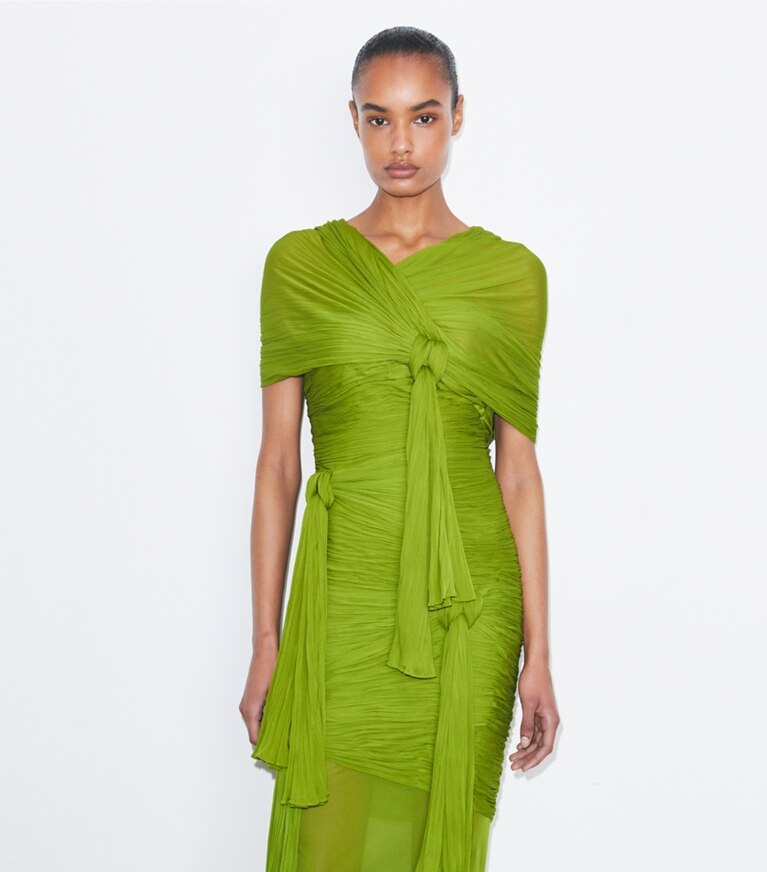 Tory Burch diseñador vestidos Vestido de viscosa con nudos en Faded Green detalle en modelo