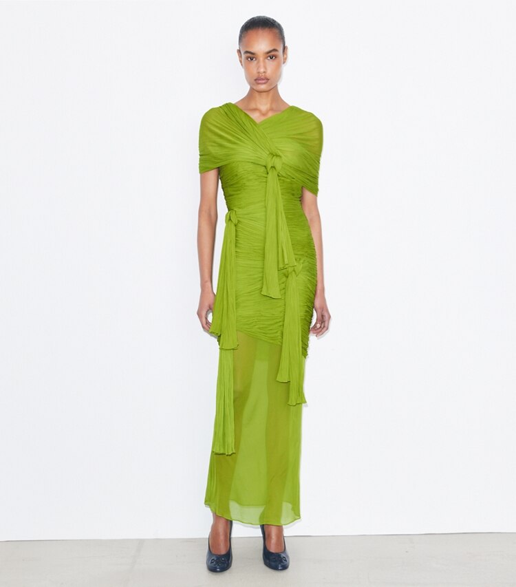 Tory Burch diseñador vestidos Vestido de viscosa con nudos en Faded Green frente en modelo