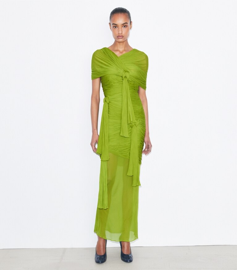Tory Burch diseñador vestidos Vestido de viscosa con nudos en Faded Green frente en modelo