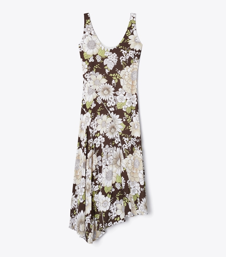 Tory Burch diseñador vestidos Vestido de viscosa estampado asimétrico en Brown Floral frente