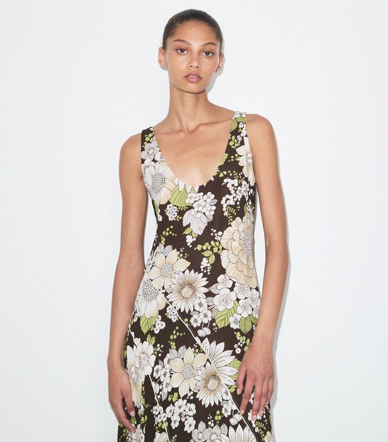 Tory Burch diseñador vestidos Vestido de viscosa estampado asimétrico en Brown Floral detalle en modelo