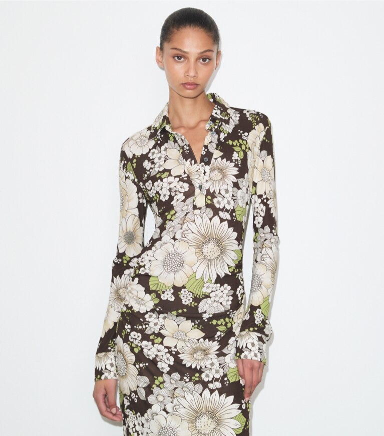 Tory Burch diseñador vestidos Vestido de viscosa estampado en Brown Floral detalle en modelo