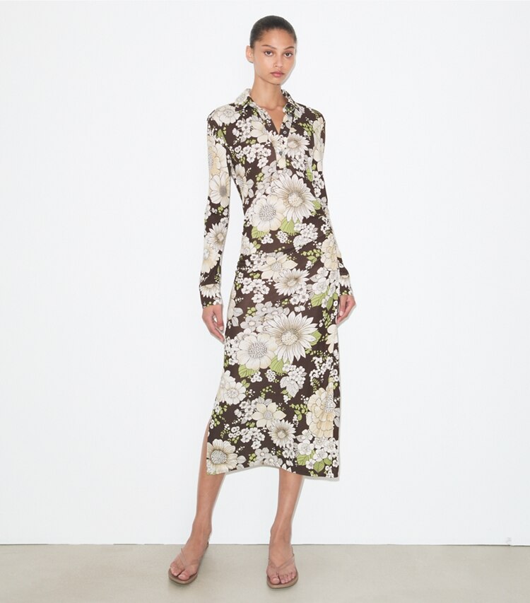 Tory Burch diseñador vestidos Vestido de viscosa estampado en Brown Floral frente en modelo