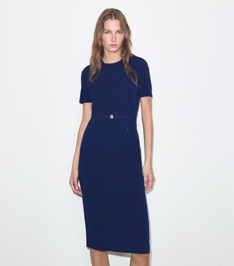 Tory Burch diseñador vestidos Vestido de viscosa pointelle en Ocean detalle en modelo